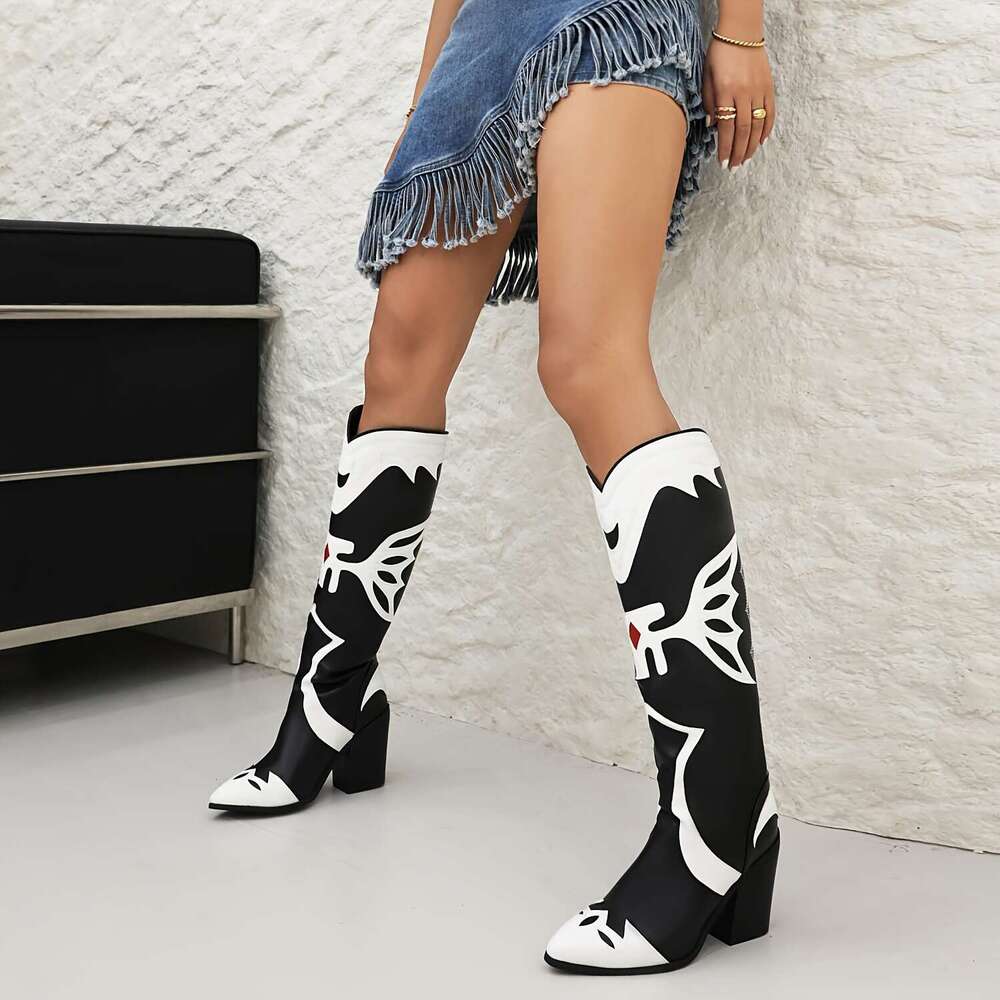 1Pr Women's Western Cowboy - Casual Geometric Pattern, Pointed Toe, Block Heel, Slip-On Knee-High Boots With Rubber Sole, PU Upper & Superfine Fi