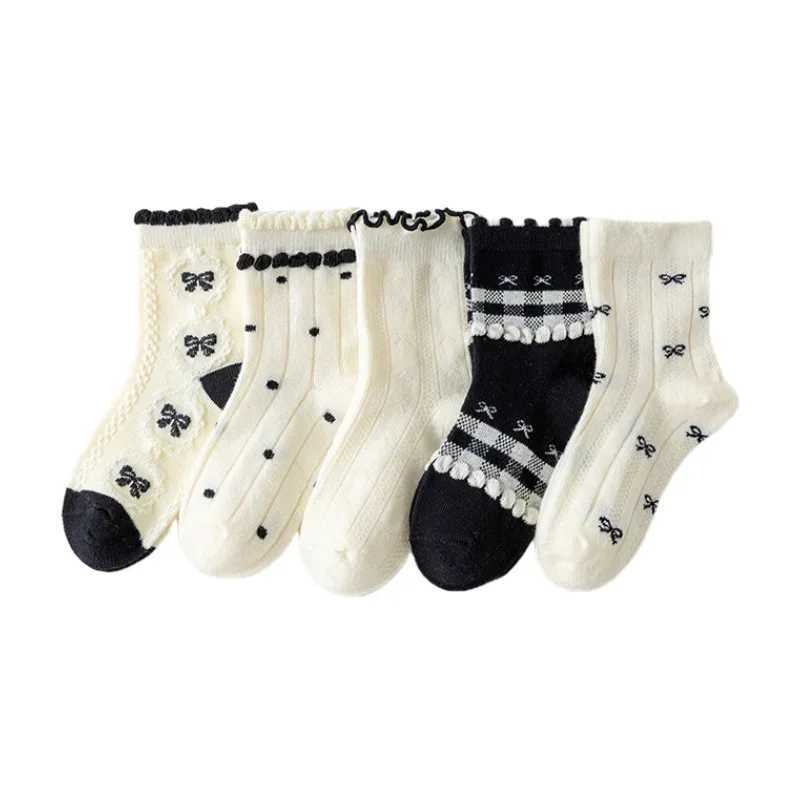 Trendy Cotton Solid Children Girls Lace Socks 5 Pairs Bow Ties Soft Breathable Striped Nonslip Half Princess Socks for Girls J251024