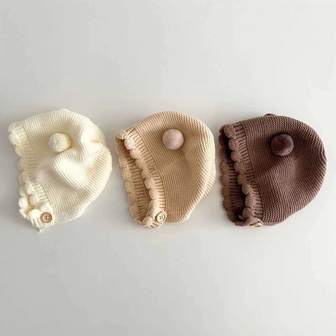 Cute Pompom Beanie Winter Warm Baby Knitted Hat 06Month Newborn Ear Protection Headgear Kids Solid Color Woolen Crochet BonnetL251024