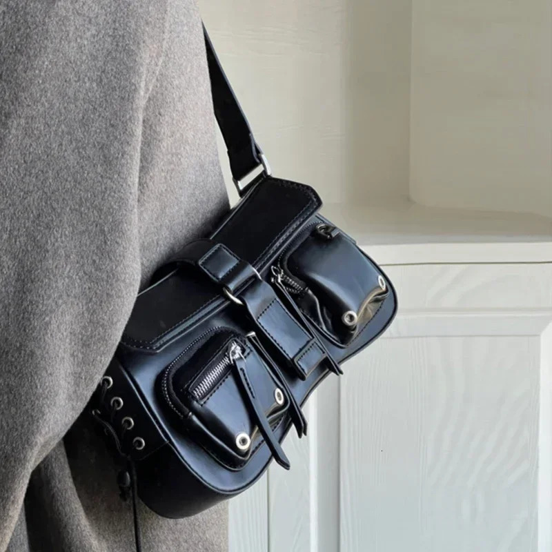 Women Black Grunge Shoulder Bag Korean Pu Leather Y2k Handbag Gothic Underarm Bags Aesthetic Punk Wallet Purse Motor Style 2024 251023
