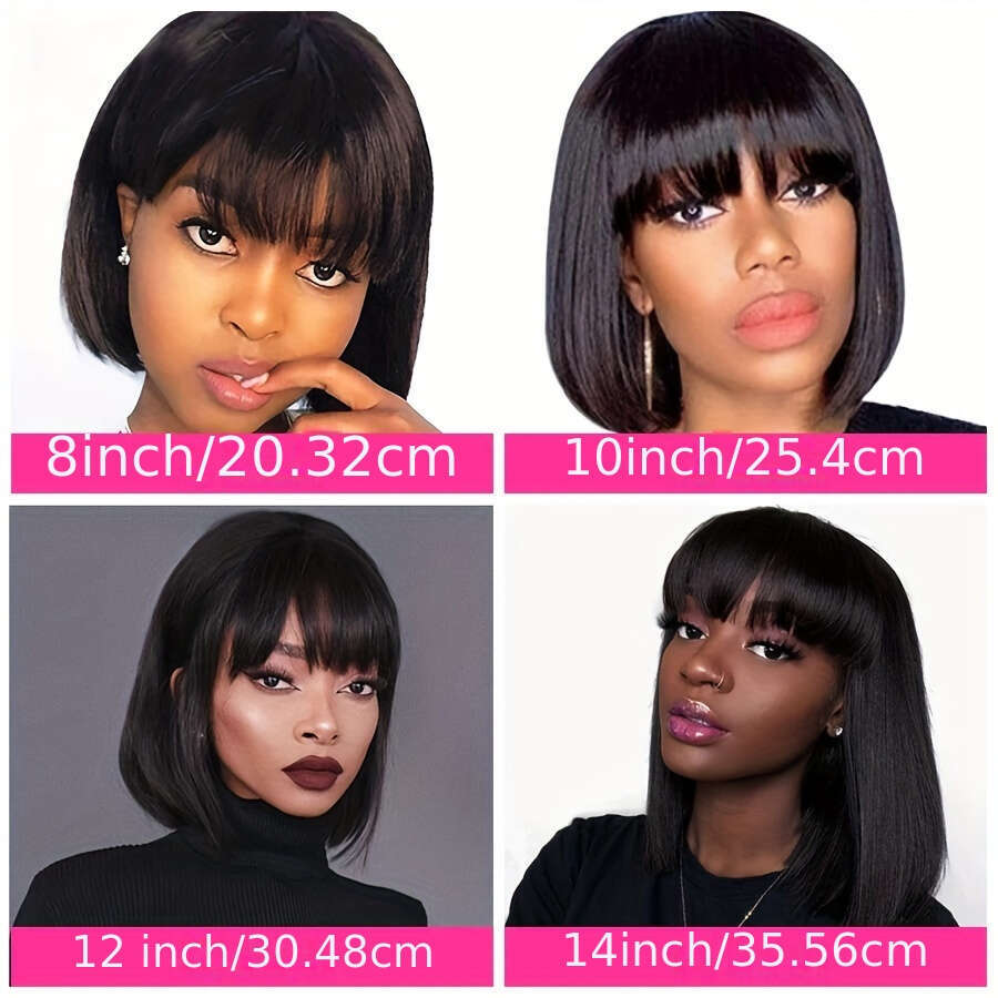150% Density Straight Natural Scalp Raw Human Hair with Bangs - 2x1 HD Front, Vacation Style for Women of All Ethnicities, Everyday Chic Look Sleek Bo