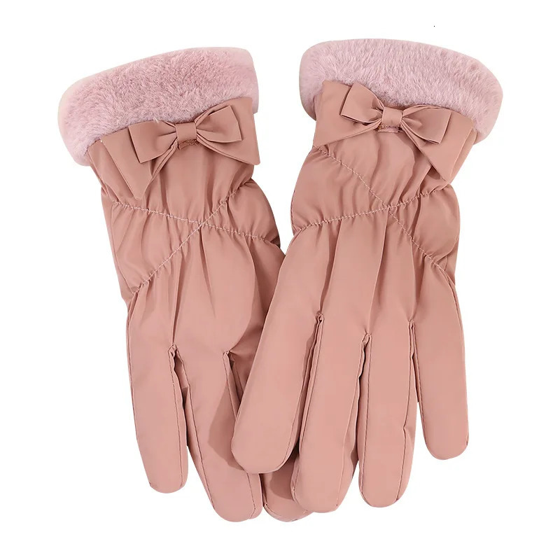 Womens Gloves Korean Bow Solid Color Fashionable Versatile Winter Warm Plush Thick Windproof Waterproof Cotton Gloves For Girl 251023