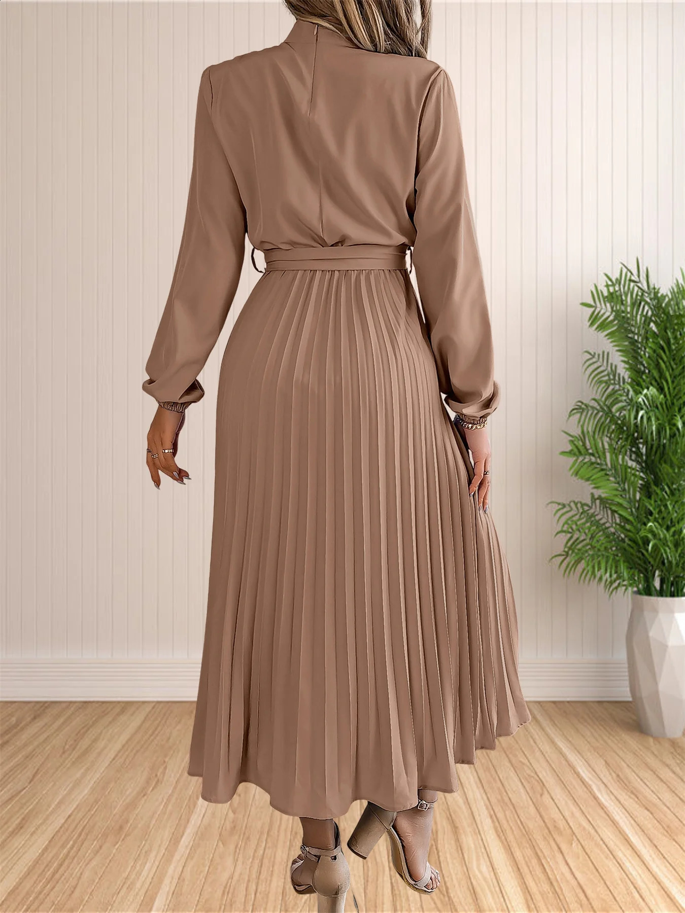 Womens Long Dresses Summer Elegant Pleated Long Sleeveed Lace Up Dresses Beach Boho Wrap Ruffle Hem Swing Sundress 251023