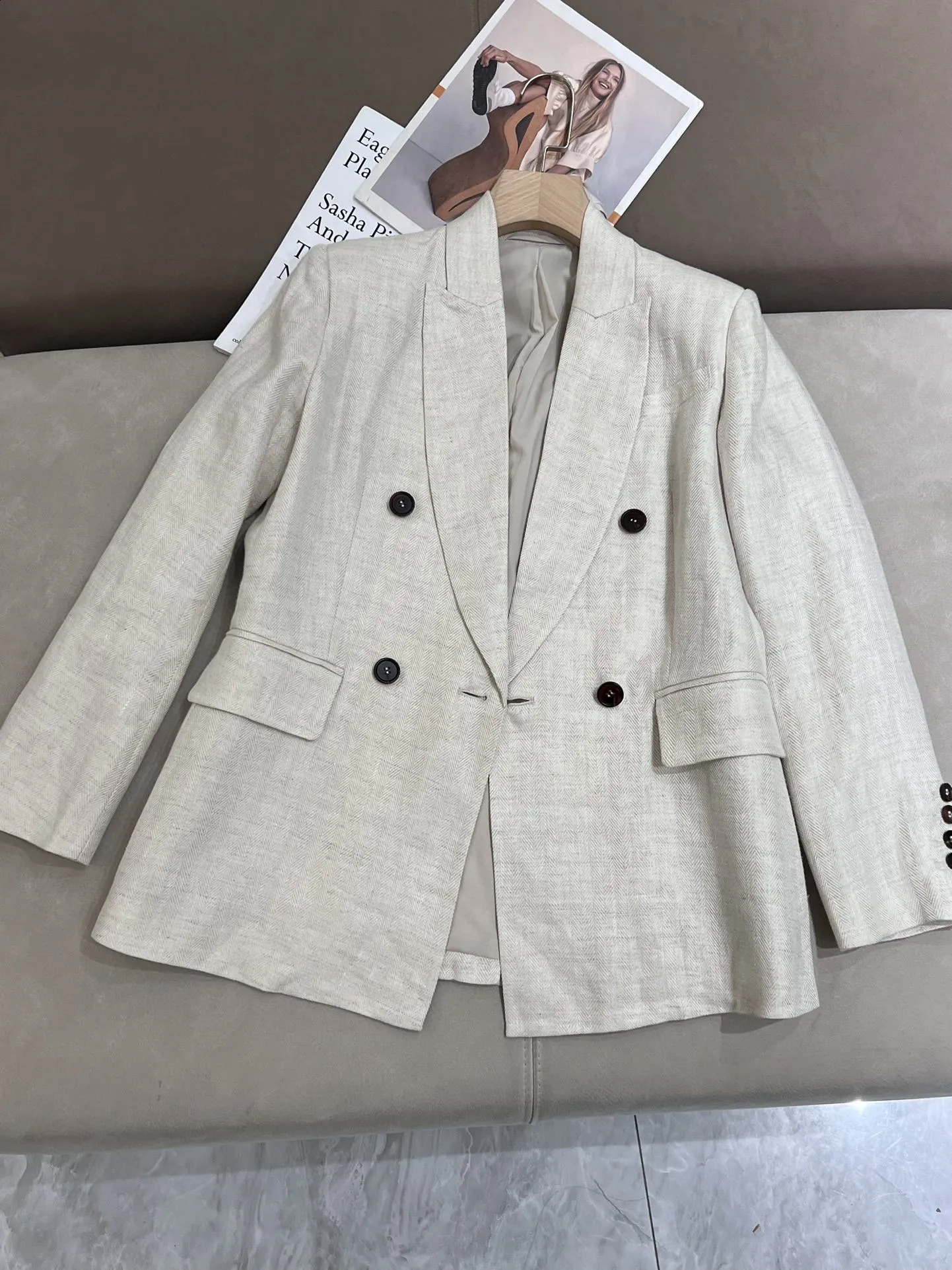 Womens Linen Sequins Blazer Jacket Suit Pants Blazer Vest Short Jacket Set 251023