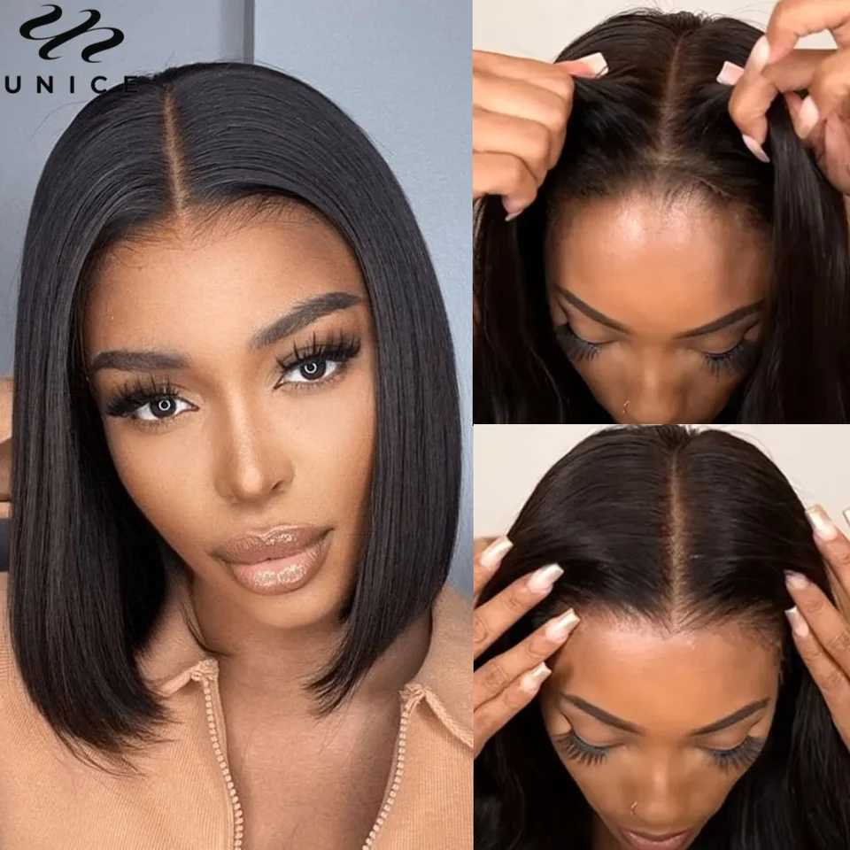 UNice 7x5 Pre Cut Pre Bleached Glueless Wig Silky Straight Bob Wig Short Human Hair Bob Lace Front Wig Human Hair Ready To Wear W251023