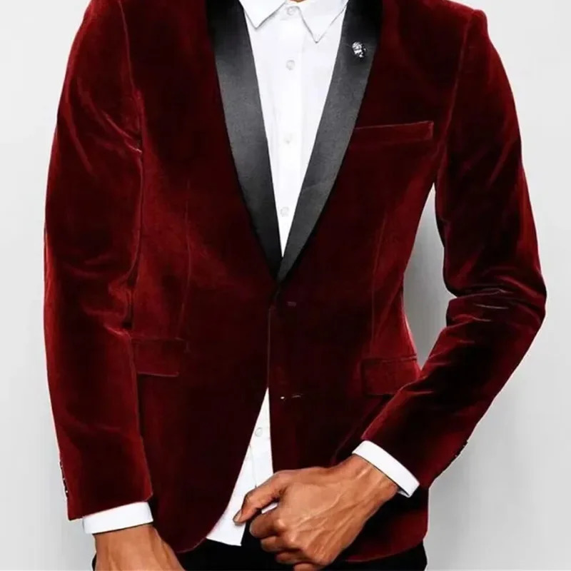 1 Piece Burgundy Velvet Mens Suits Single Breasted Black Shawl Lapel Slim Fit Blazer Formal Wedding Groom Jacket Outfit 251023