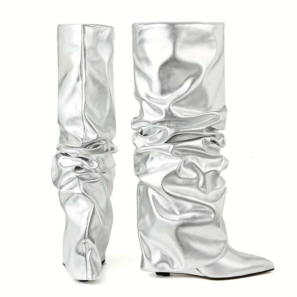 Knee Shark For Women, Fold Over Ruched Slouchy Pleated With Wedge High Heels Pointed Toe Pull On Mid Calf Boots
