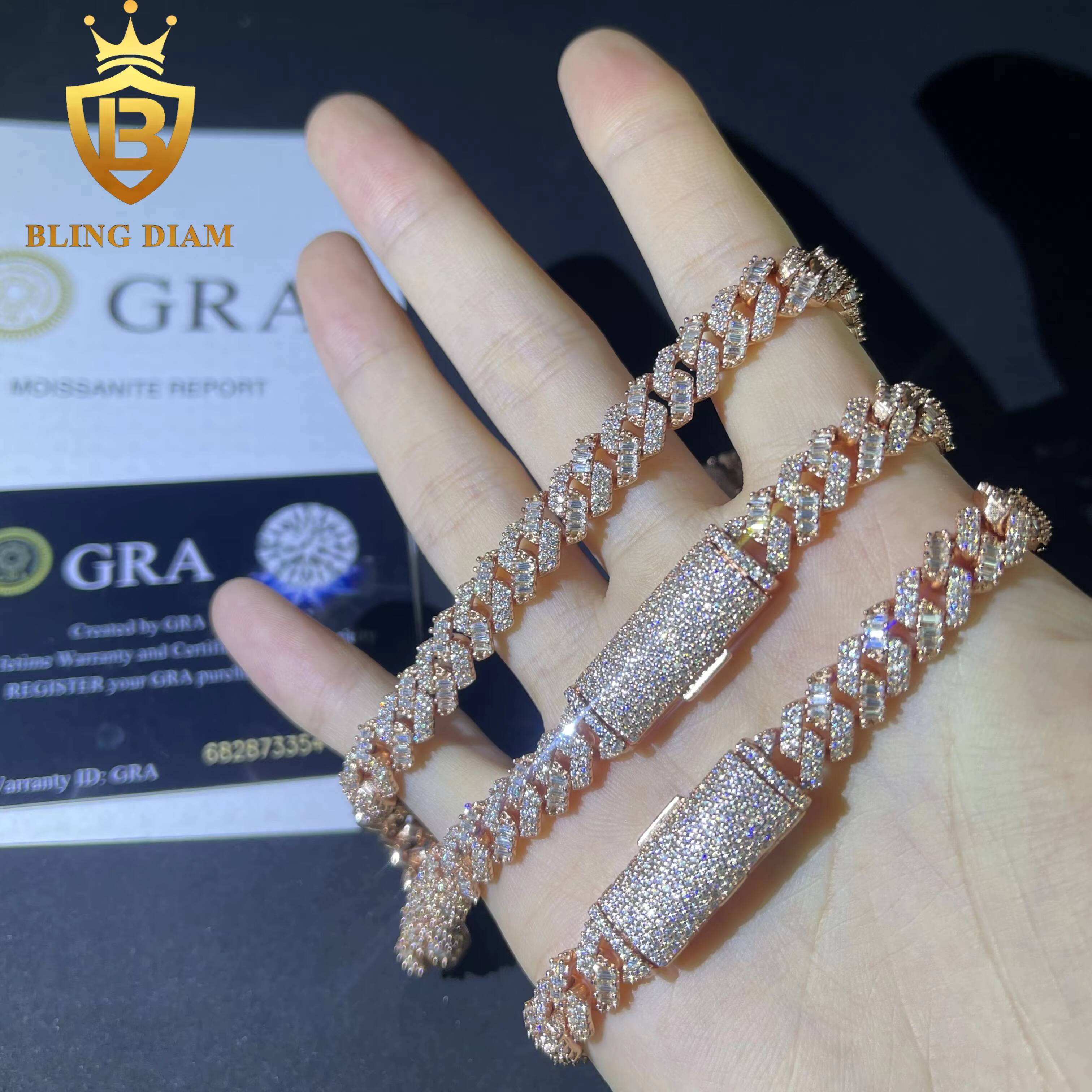 2026 8mm Hip Hop Miami Rose Gold Cuban Link Chain Baguette Moissanite Iced Out 925 Sterling Silver Necklace Bracelet Set for Men