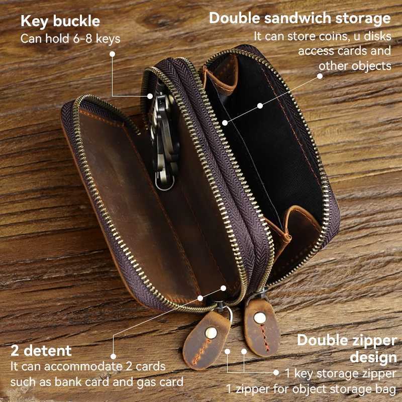 Genuine Leather Key Wallet For Men Retro Car Smart Key Case Double Zipper Housekeeper Keys Coin Pouch Organizer Handbag Women Z251023