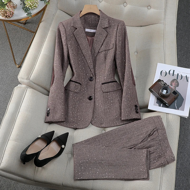 Autumn Winter Temperament Suit Gray Brown Long Sleeve Sequin Blazer Coat Pant Two Piece Set Fashion Work Business Clothes 251023