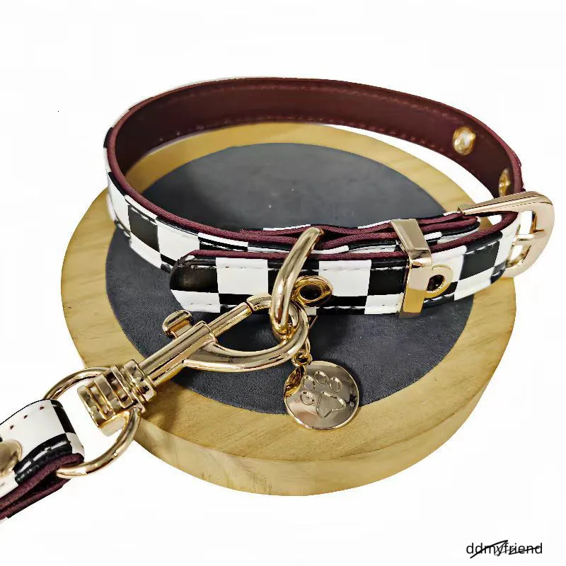 Classic Plaid Dog And Leash Set - Adjustable Leather Collar With Charm For Small To Medium Dogs Ddmyfriend