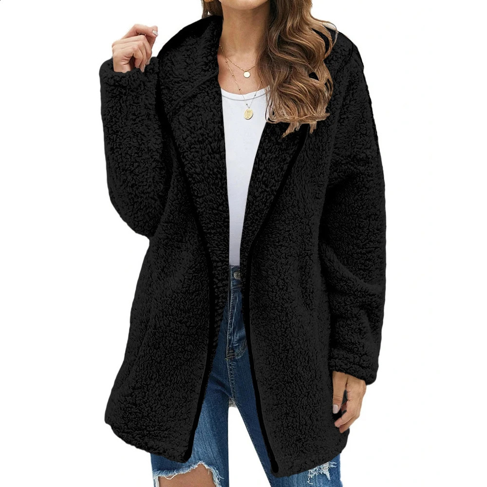Autumn Winter Women Long Teddy Jacket Warm Thick Fleece Coat Turn Down Collar Plush Woman Casual Sleeve Clothes 251018