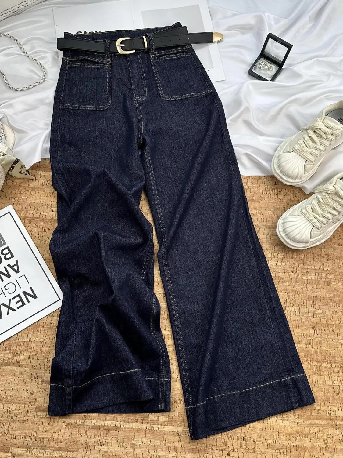 Blue Wideleg Jeans Womens Autumn Highwaisted Thin Loose Drape Narrow Straightleg Floor Pants Streetwear Women 251021