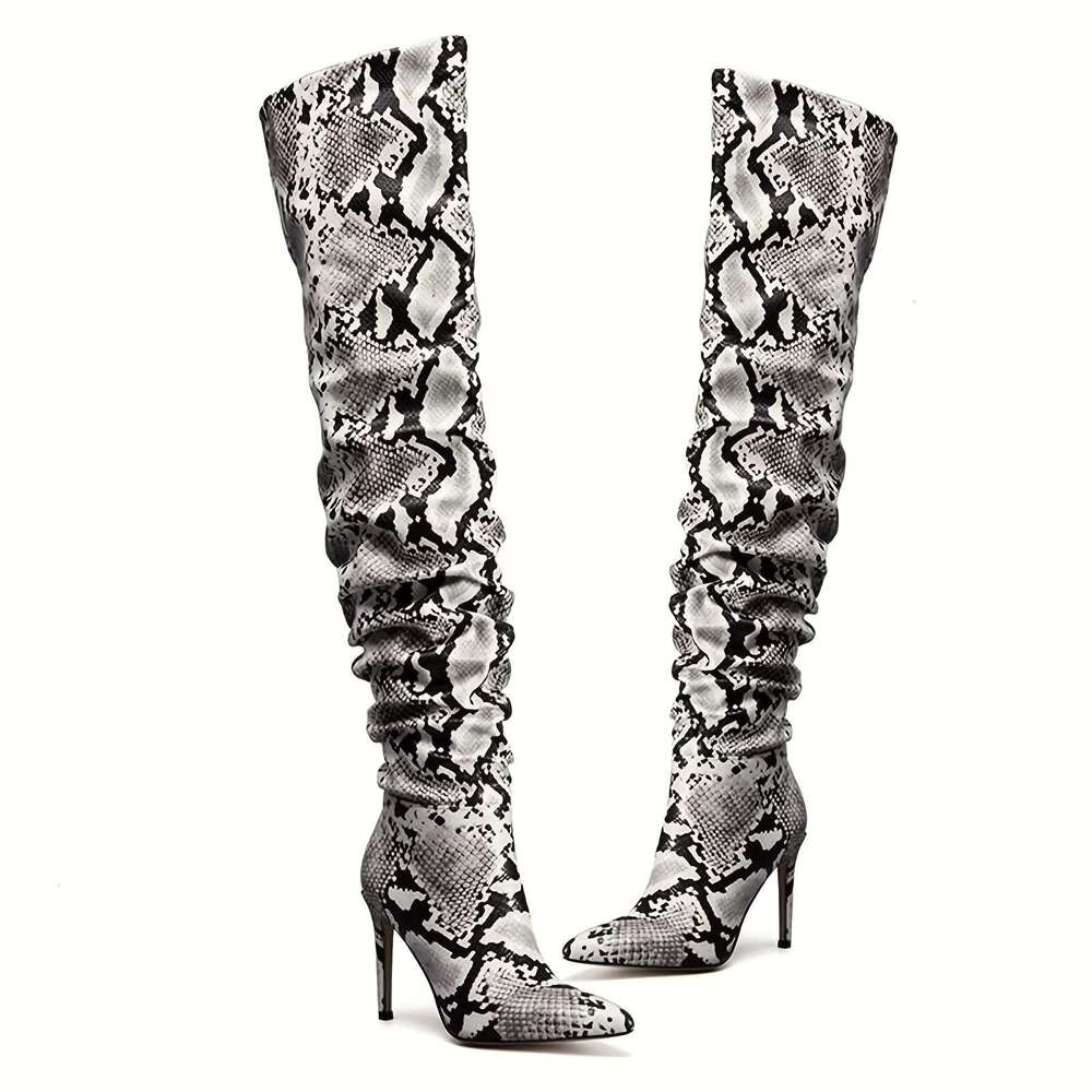 Perisil Women's Snake- Beige High-Heel - Sexy Pointed Stiletto Slipping-On Western Boots With PU & Rubber Sole, All-Season Elegant S For Parties,