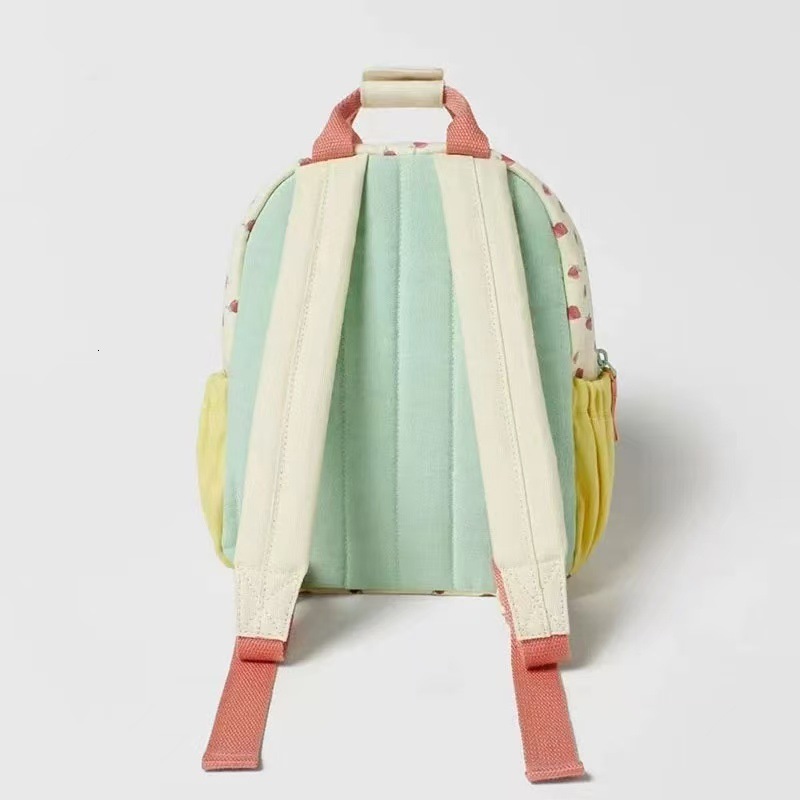 New best-selling pure cotton canvas dopamine strawberry printed color block designer children's backpack