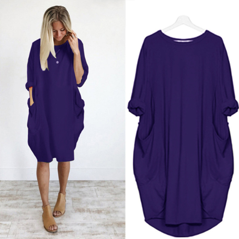 Women's Casual Loose Pocket Long Sleeve Plus Size Dress for Chubby Sisters