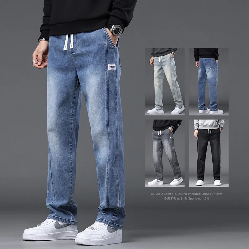 Autumn Winter Blue Jeans Men Drawstring Elastic Waist Cotton Cargo Denim Pants Work Fashion Thick Trousers Male Plus Size M4XL 251018
