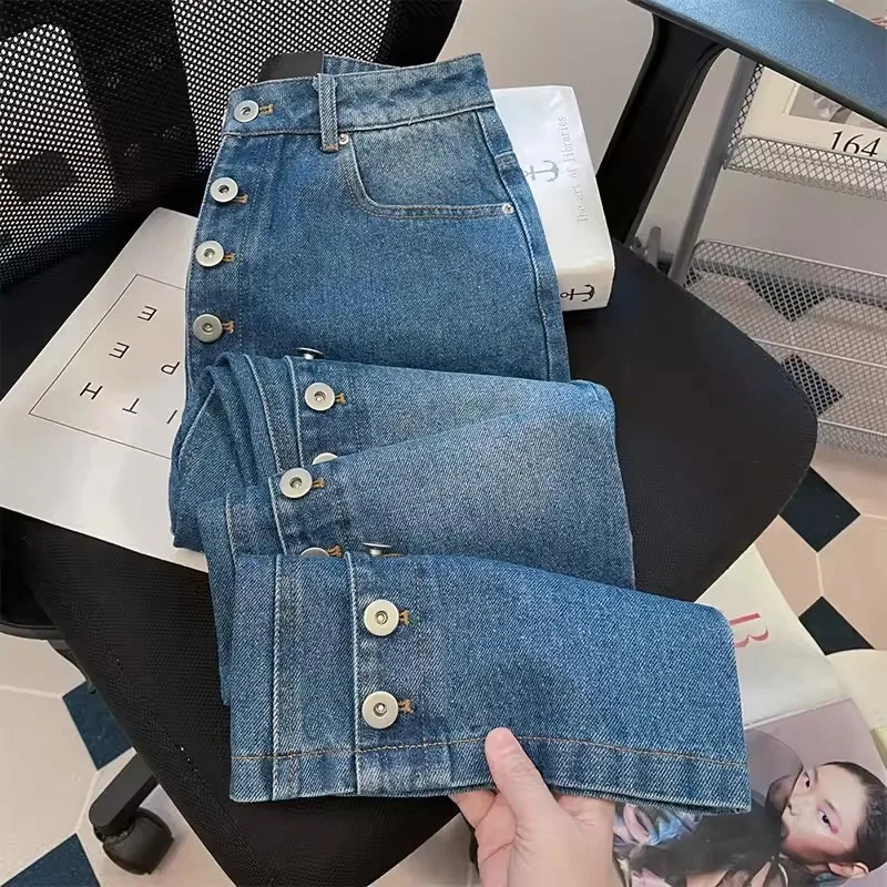 Retro Blue Straight Loose Jeans Spring Autumn Multi Buttons Slim Wide Leg Denim Pants Female Trousers Streetwear 251021