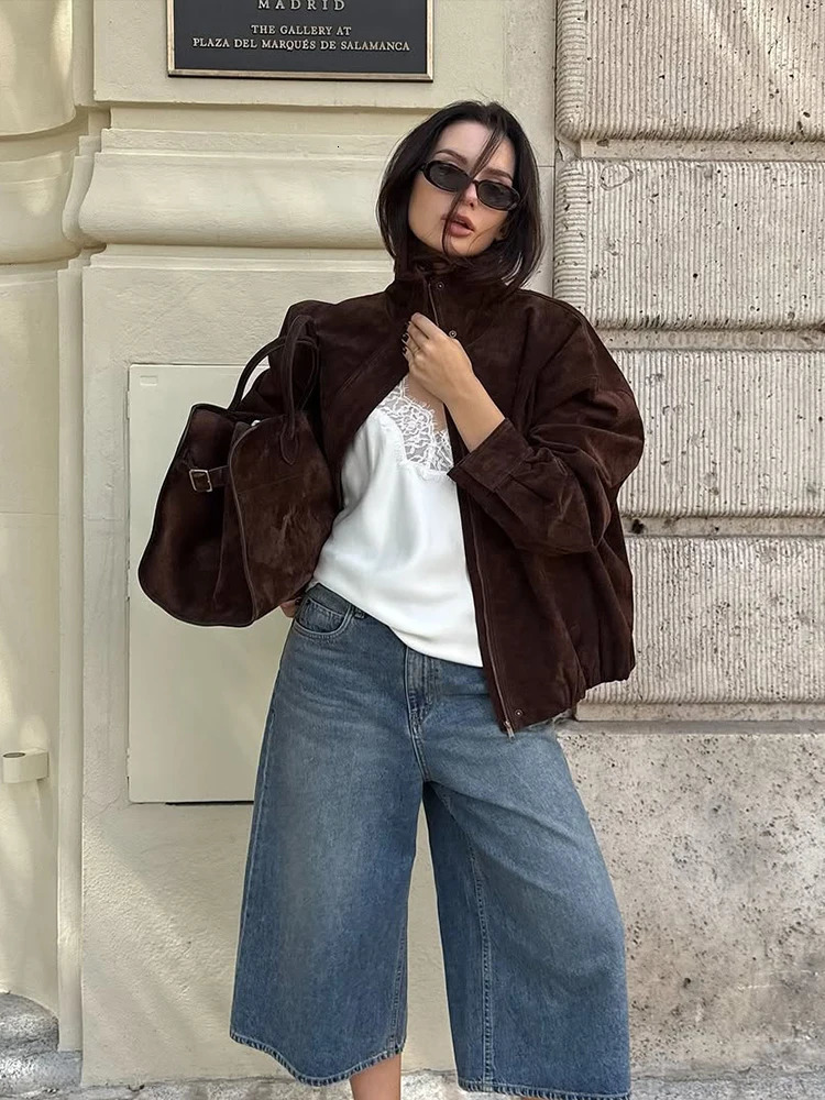Women Casual Solid Short Suede Jacket Fashion Chic Lapel Zipper Pocket Loose Jackets Lady Autumn Daily Commute Street Coat 251021