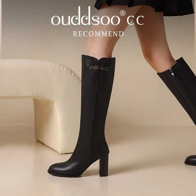 Ods Soft Cow Leather Black Knee High Boots Chunky Mid Heels Zipper Womens Long Boot Big Size Luxury Designer Sexy Shoes 4143 46 W251024