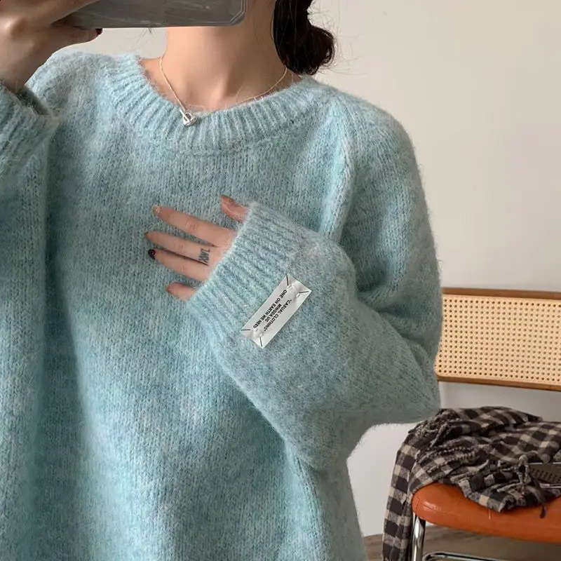 Loose Womens Mint een Lazy Sle Milk Blue Sweater Casual HighEnd Outerwear Long Sve round Ne Girls Autumn Faion 251023