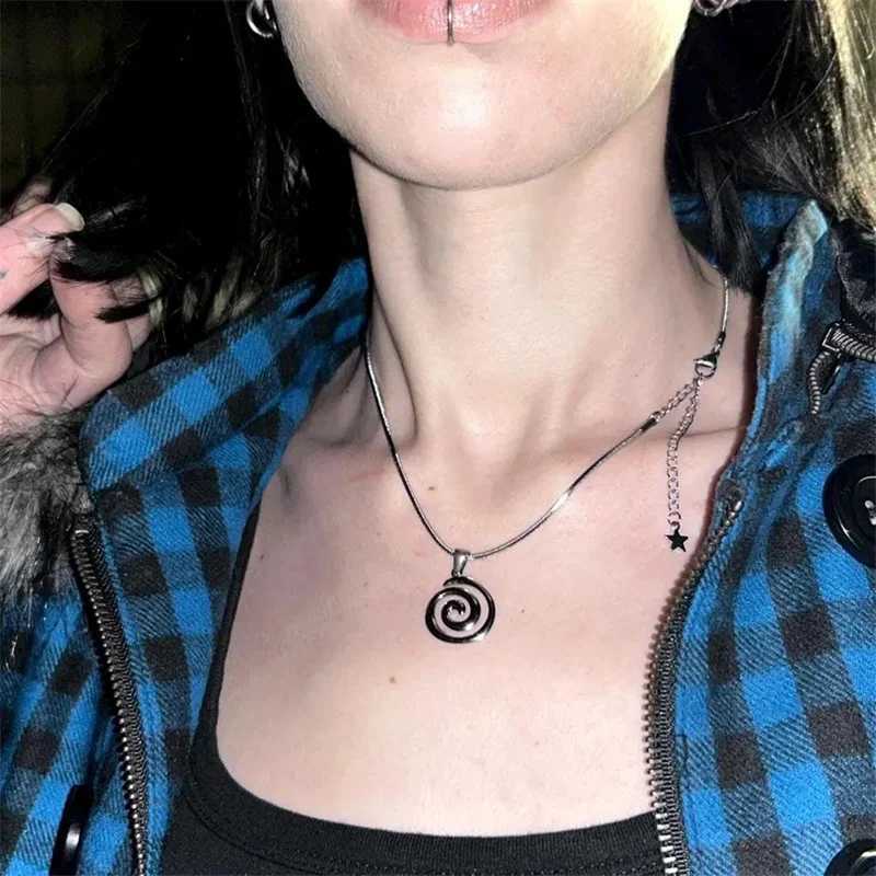 handmade y2k silver plated snake cord necklace with spiral vortex stainl steel pendantXJ251024