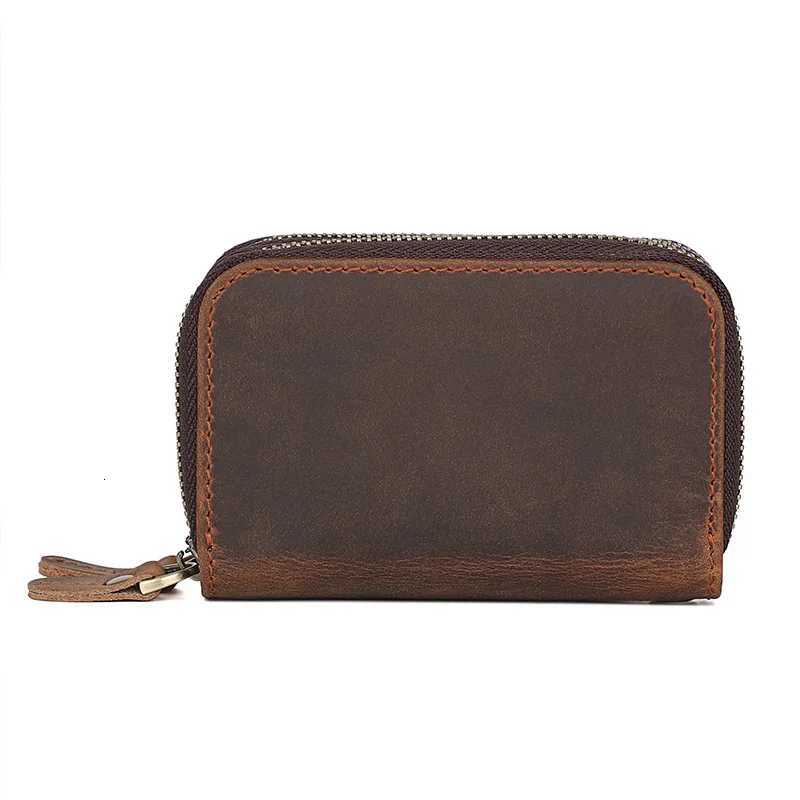 Double Zipper Crazy Horse Leather Retro Card Case Top Cowhide Coin Purse Car Key Keychain Holder with Hand Strap Clutch Bag Z251023