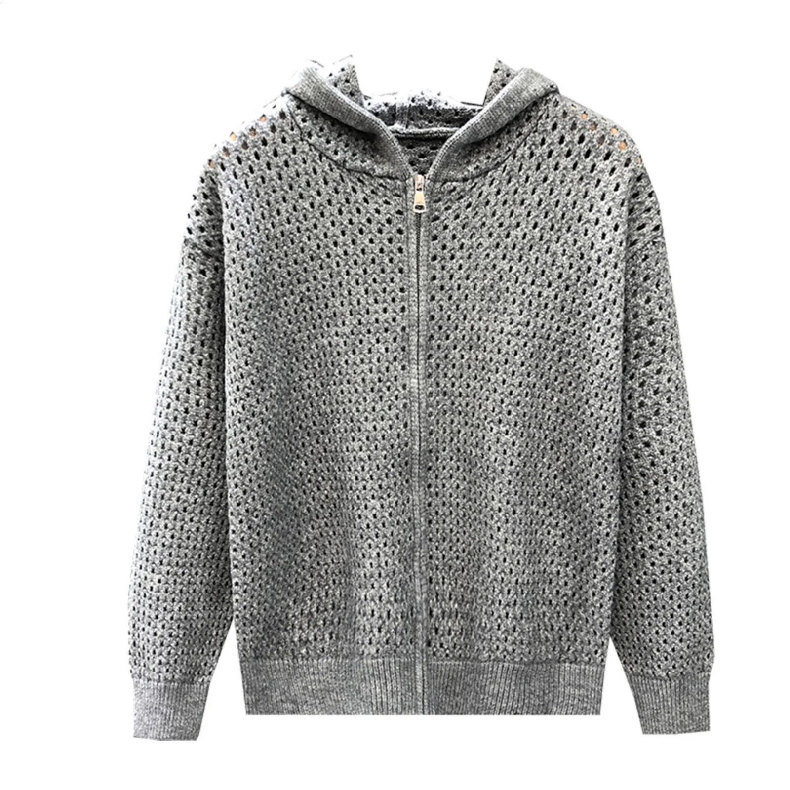 Winter MenS Casual Solid Color Breathable Hollow Hooded Cardigan Knitted Sweater Suitable For Outdoor Daily Wear 251015