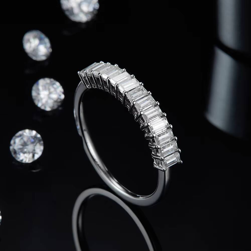 RINNTIN SR285 Baguette Cut AAAA Clear CZ Half Eternity Wedding Band White Gold Plated 925 Sterling Silver Wedding Rings