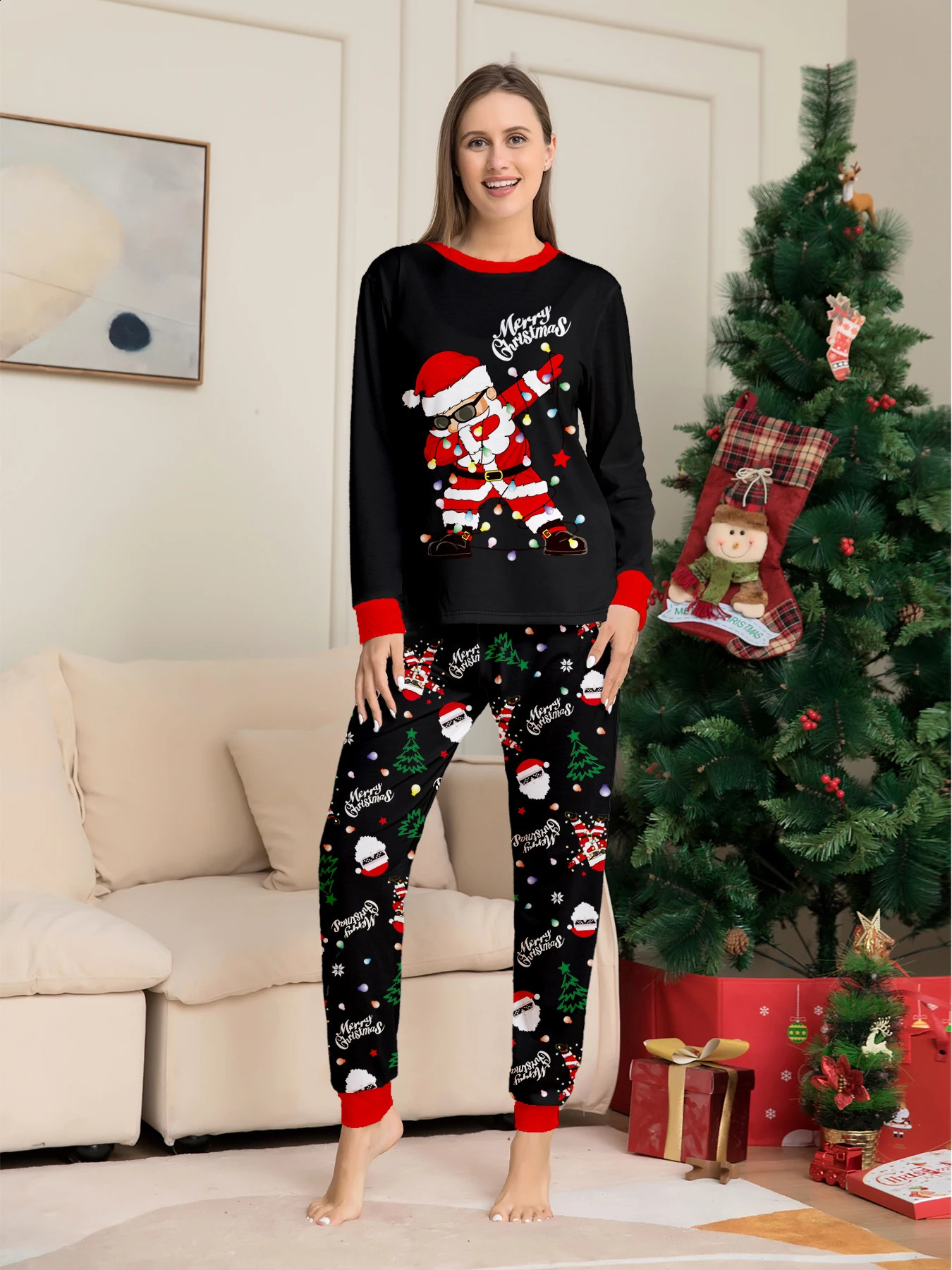 Womens Christmas Pajama Set Dabbing Santa Print Festive Red Trimmed Sleepwear 251020