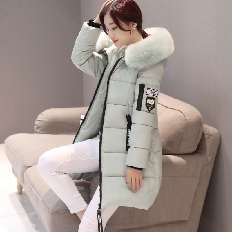 Women Fur Collar Down Jacket Parka Fashion Letter Patch Zipper Pockets Cardigan Design Long Jacket Elegant Slim Fit Warm Thick Female Coats Winter