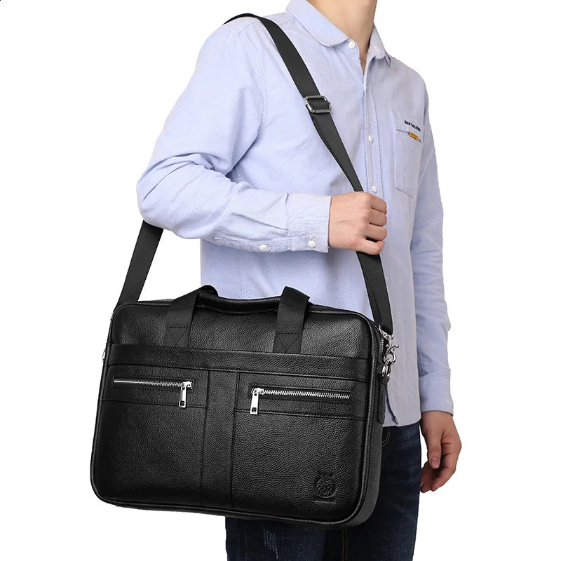 Genuine leather Mens Briefcase document bag high quality cowhide men business crossbody 16inch shoulder computer 251018