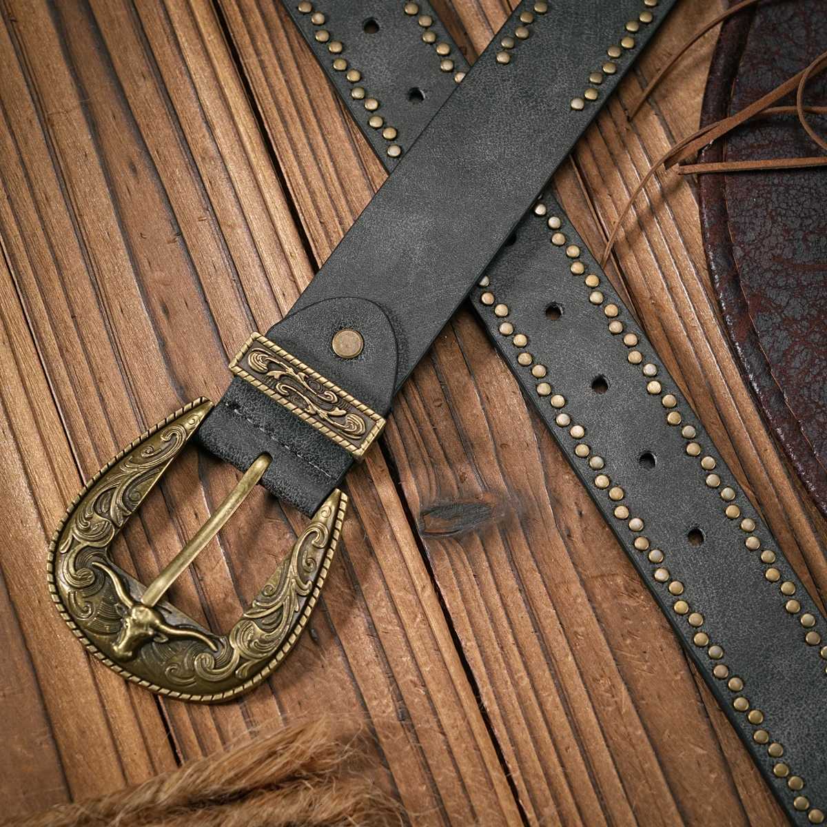 Men Women Western Denim pu leather Belt Vintage jeans with floral carved buckle belt W251024