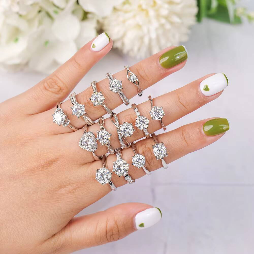 Wholesale Jewelry Women Gra Certificate Cut VVS Diamond Moissanite Engagement Wedding Set 925 Sterling Silver Adjustable Rings