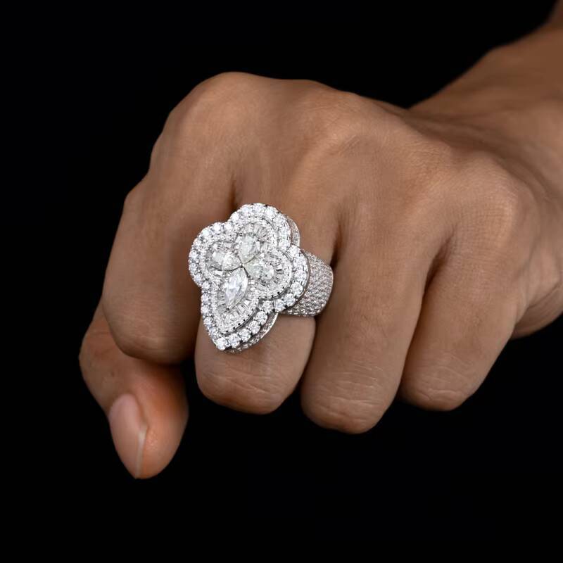 Luxurious Mens Hip Hop Jewelry 925 Sterling Silver Ring with High Quality Lab Grown Moissanite and 18k Gold Plating