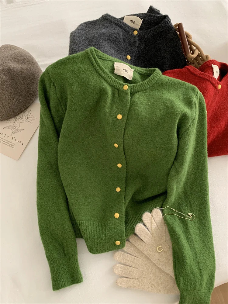 Gold Button Round Neck Knitted Sweater For Womens Autumnwinter Base Knit Cardigan 251021