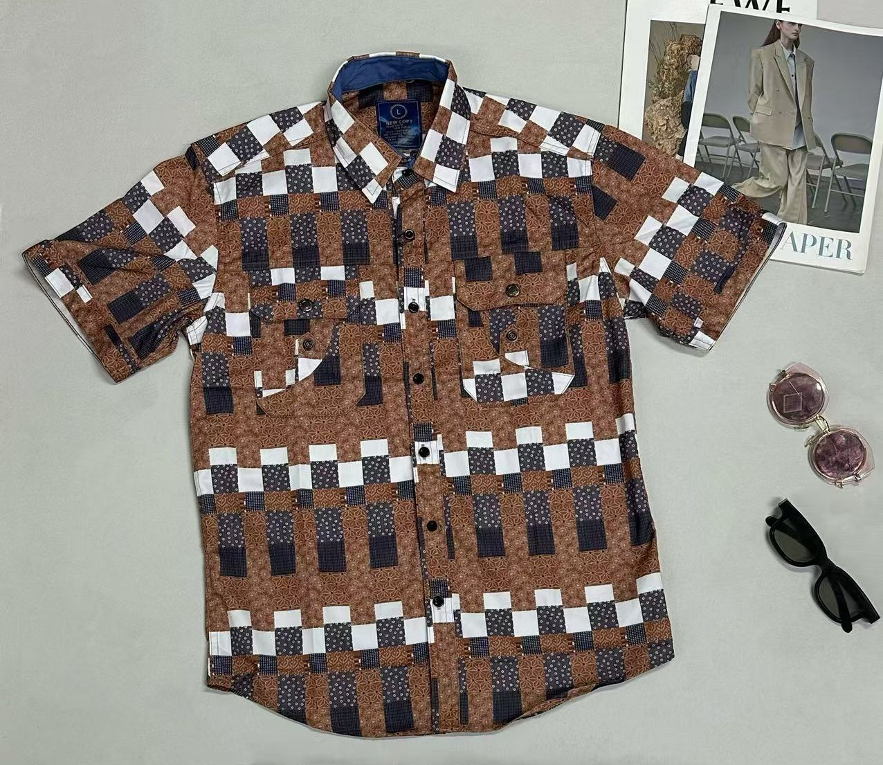 Men's Loose Short-Sleeve Shirt with Digital Print & Pocket Design, Trendy Summer Casual Button-Down, Breathable & Stylish Quick drying anti wrink