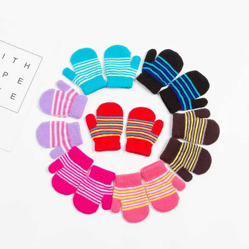 Children Striped Fingerless Gloves Thick Winter Kids Knitted Glove 12year Boy Girl Hand Warmer Kindergarten Baby Plush Mittens Y251024