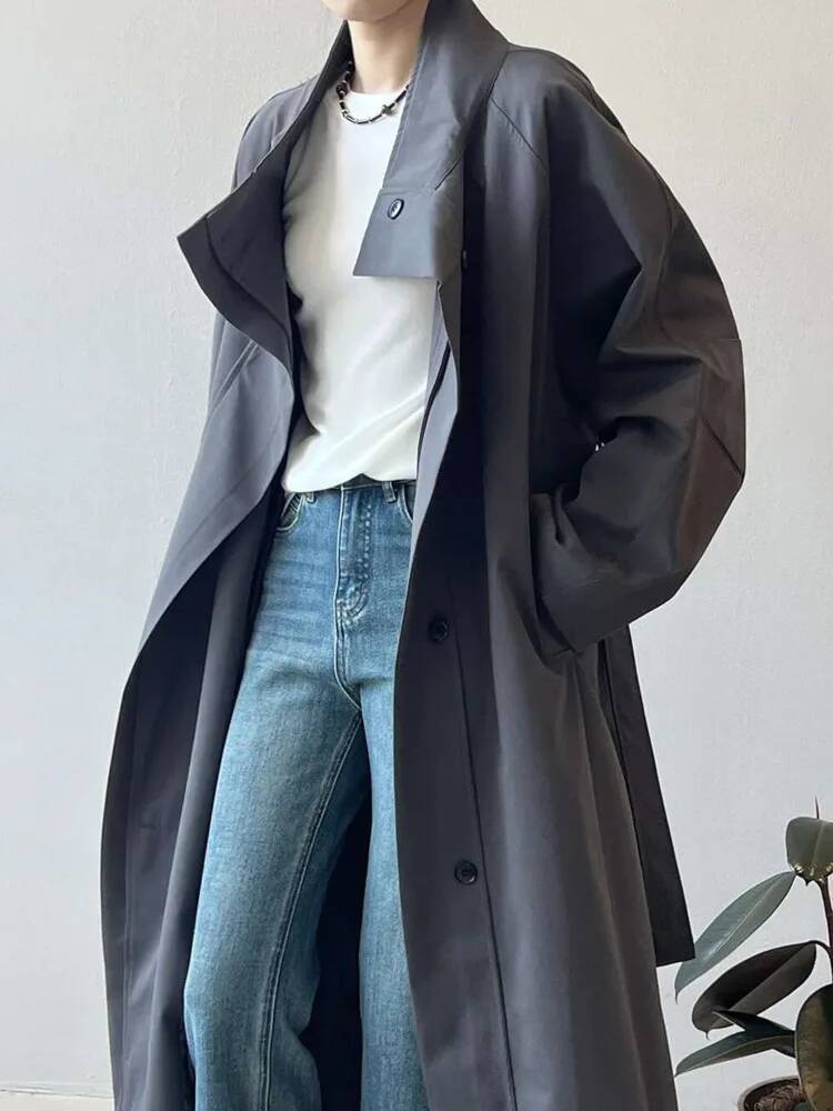 Office Lady Belt Gathered Waist Trench For Women Stand Neck Single Breasted Fashion Windbreaker 2025 Autumn New 26C490 dongdumaoyi