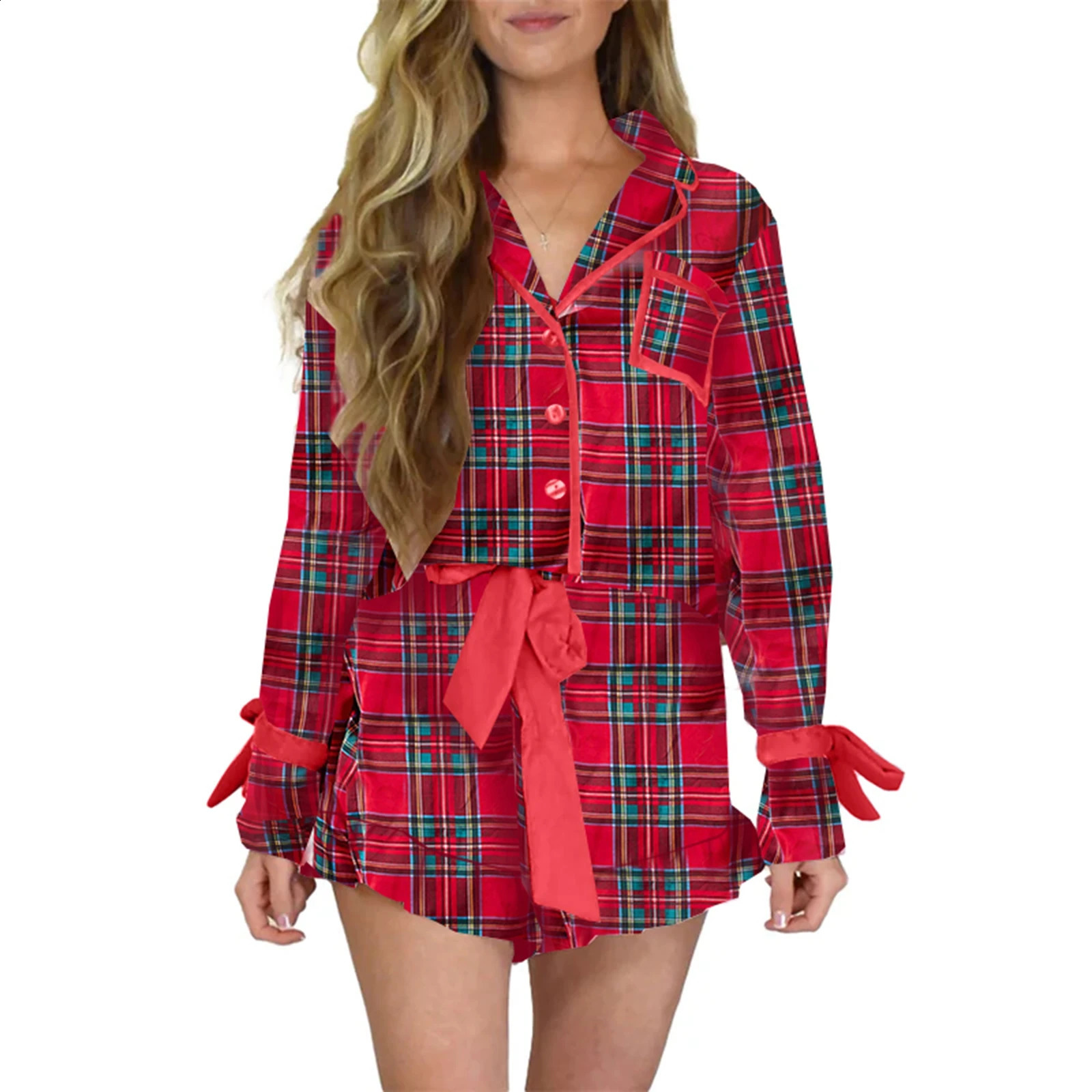 Imcute Women 2 Piece Christmas Pajamas Cute Bow Tie Long Sleeve Shirt Ruffle Boxer Shorts Satin Silk Graphic Xmas Pjs Set 251020