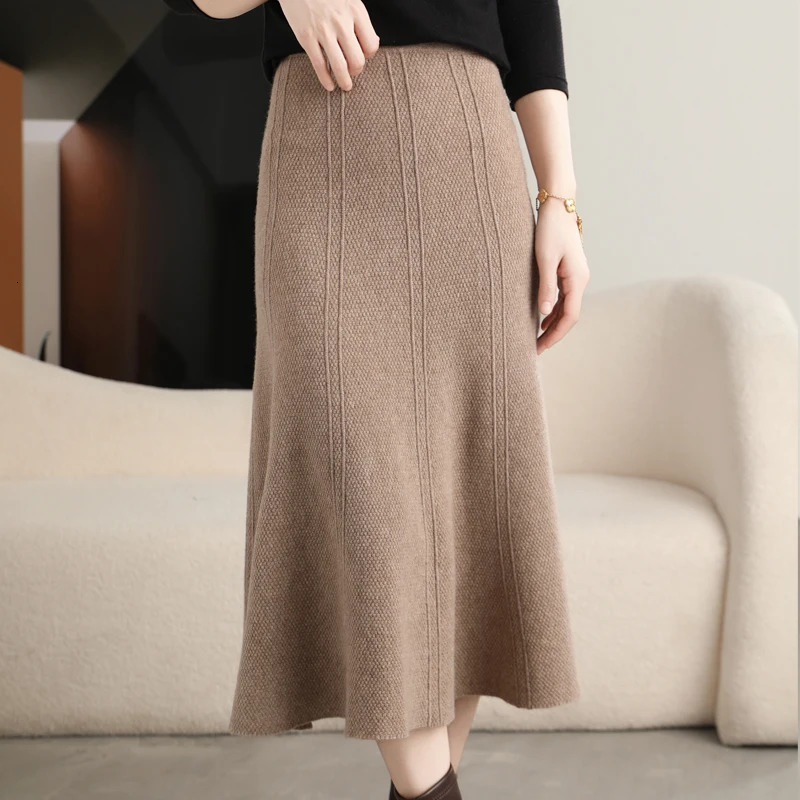 100 Pure Wool Knitted Skirt Womens Autumn And Winter MidLength High Waist Hip Long Slim Cashmere Umbrella 251017
