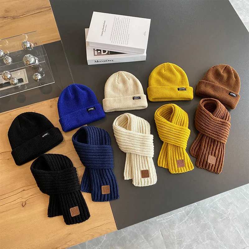 Autumn and winter pullover hats scarves sets stylish childrens knitted hats headscarves ear protectors handsome boysL251024