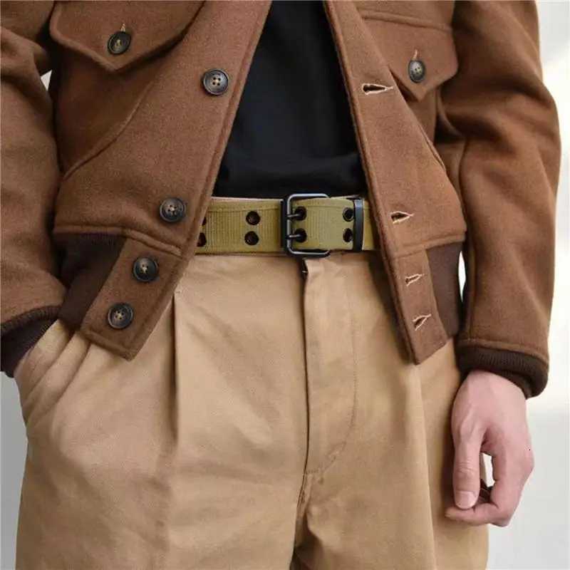 Solid Color Casual Canvas Woven Belt Fashionable Double Round Buckle Hole Belt Versatile Mens Double Needle Buckle Belt W251024