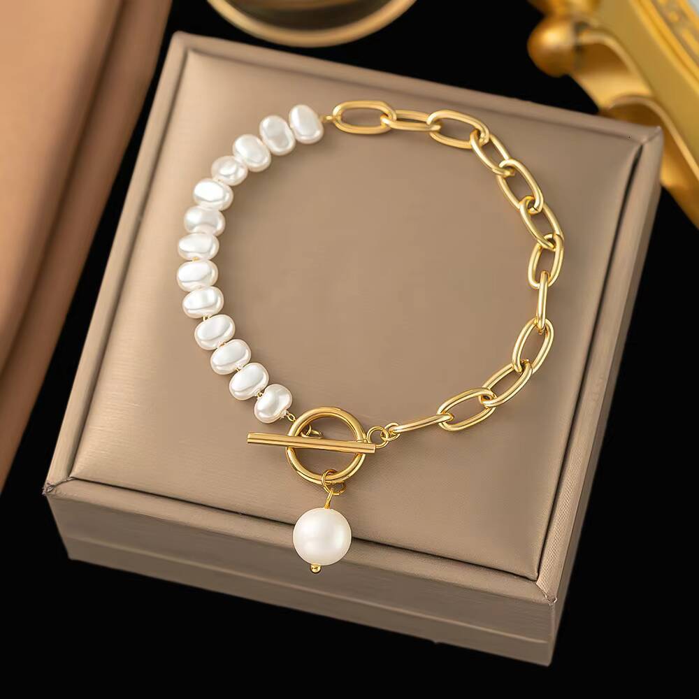 High Quality Punk Fashion Retro Asymmetrical Chain Pearl Beaded Buckle Luxury Titanium Steel Bracelet for Women