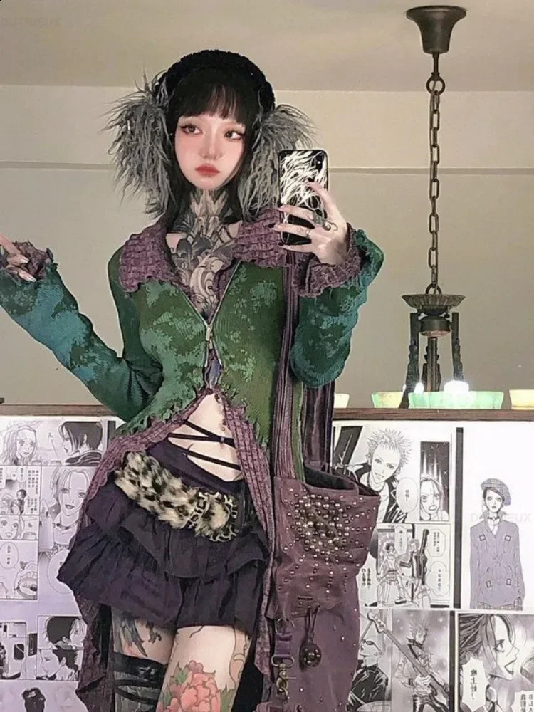 Vintage Street Print Turtleneck Sweaters Mujer Y2k Slim Fit Zipper Knitted Tops Women Spring Aurumn Long Sleeve Cardigan 251023