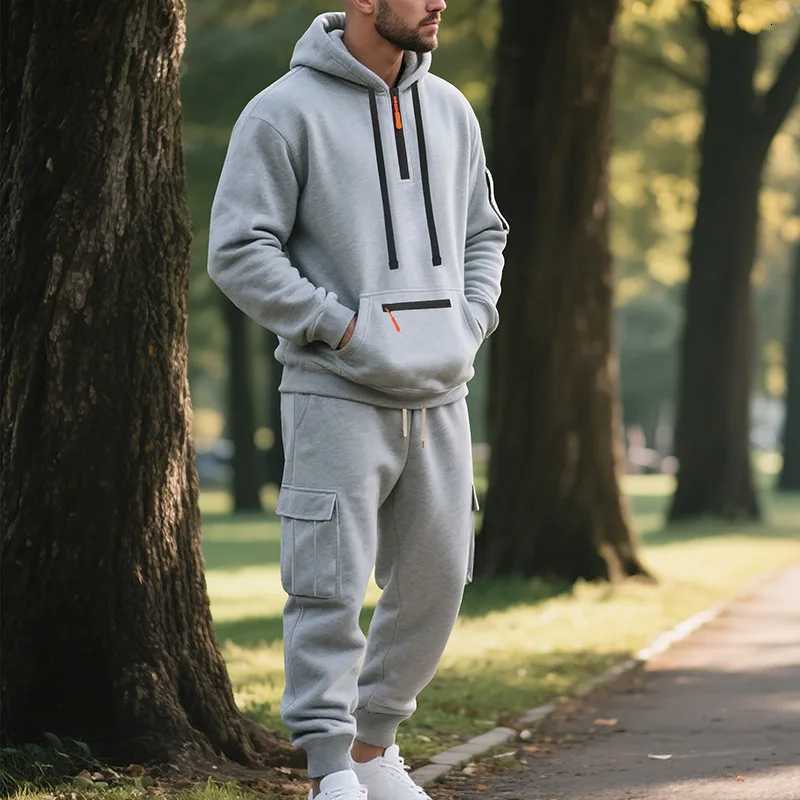 Crossborder winter velvet mens casual suit loose sports multipocket tooling suitT251024
