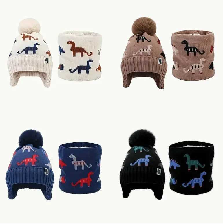 2pcs Winter Kids Dinosaur Hat and Scarf Set 2pcs FleeceLined Warm Cartoon Cute Thickened Hat and Scarf 2pcs for OutdoorL251024