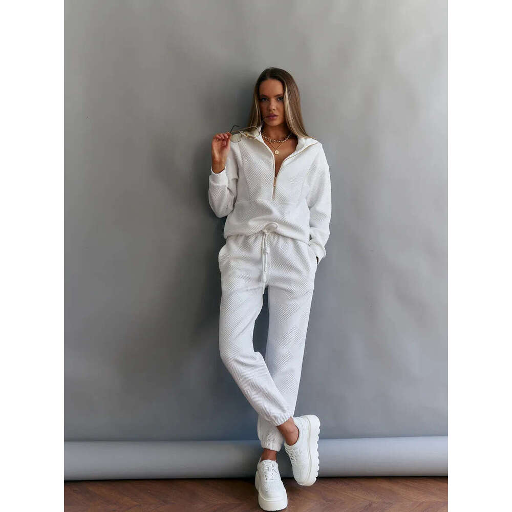 Casual Women's Solid Color Long Sleeve Zipper Loose Top with Drawstring Pants Two-Piece Set