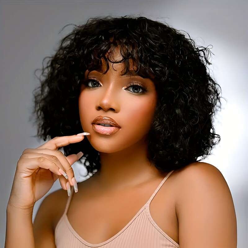 Short Bob With Bangs None Lace Front For Women 180% Density Kinky Curly Fringe Bang Wig Human hine Made Brazilian Unprocessed Virgin Hair Wigs Natural