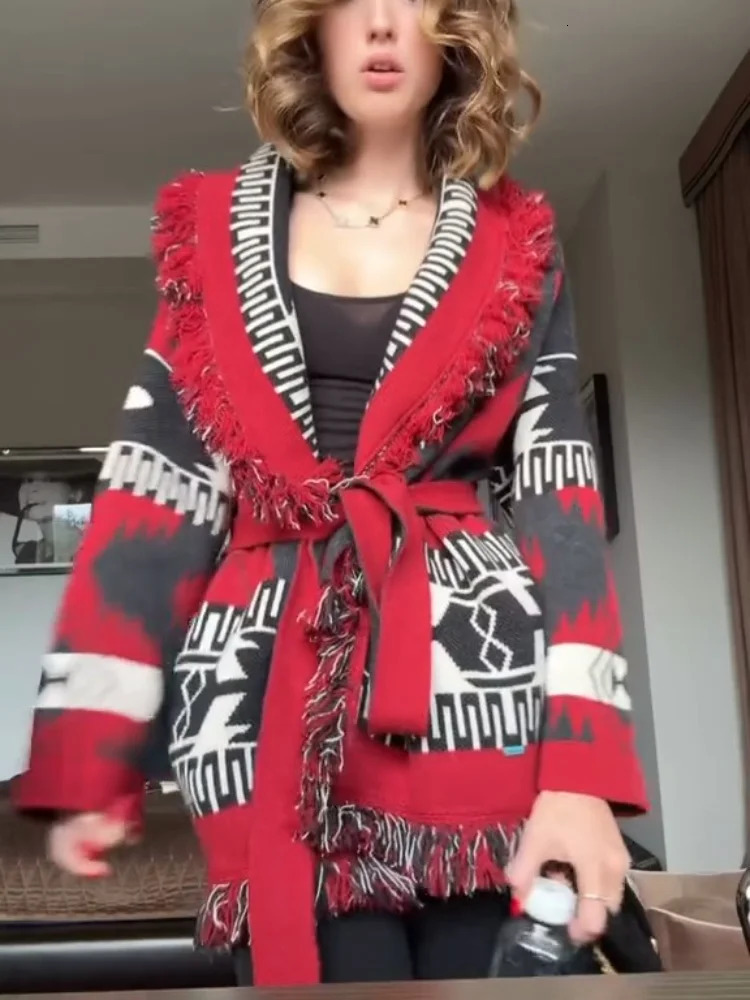 Womens Boho Print Knit Cardigan Top Fringe Trim Belted Long Sleeve Sweater Laceup Coat 2025 High Street Outerwear Outfit 251013